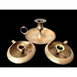 3 Etched Antique Brass Chamber Stick Candle Holders Drip Tray & Loop
